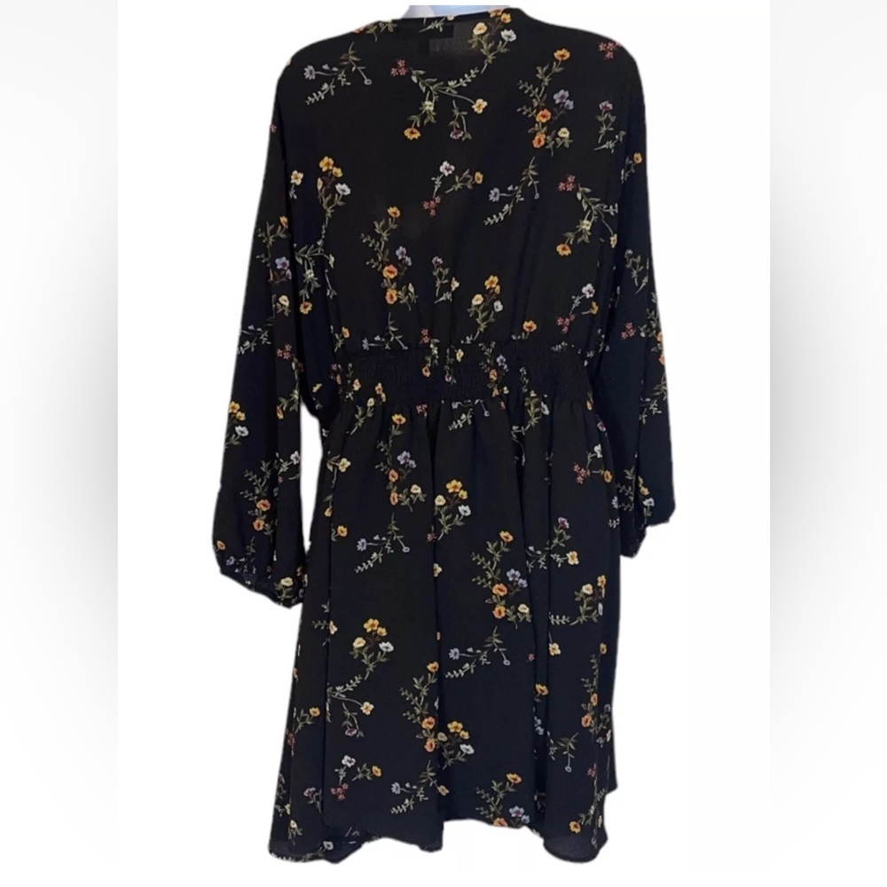 Always Indigo Floral Boho Dress 2X Black Smocked Waist Button Front Fall Midi - Picture 7 of 9